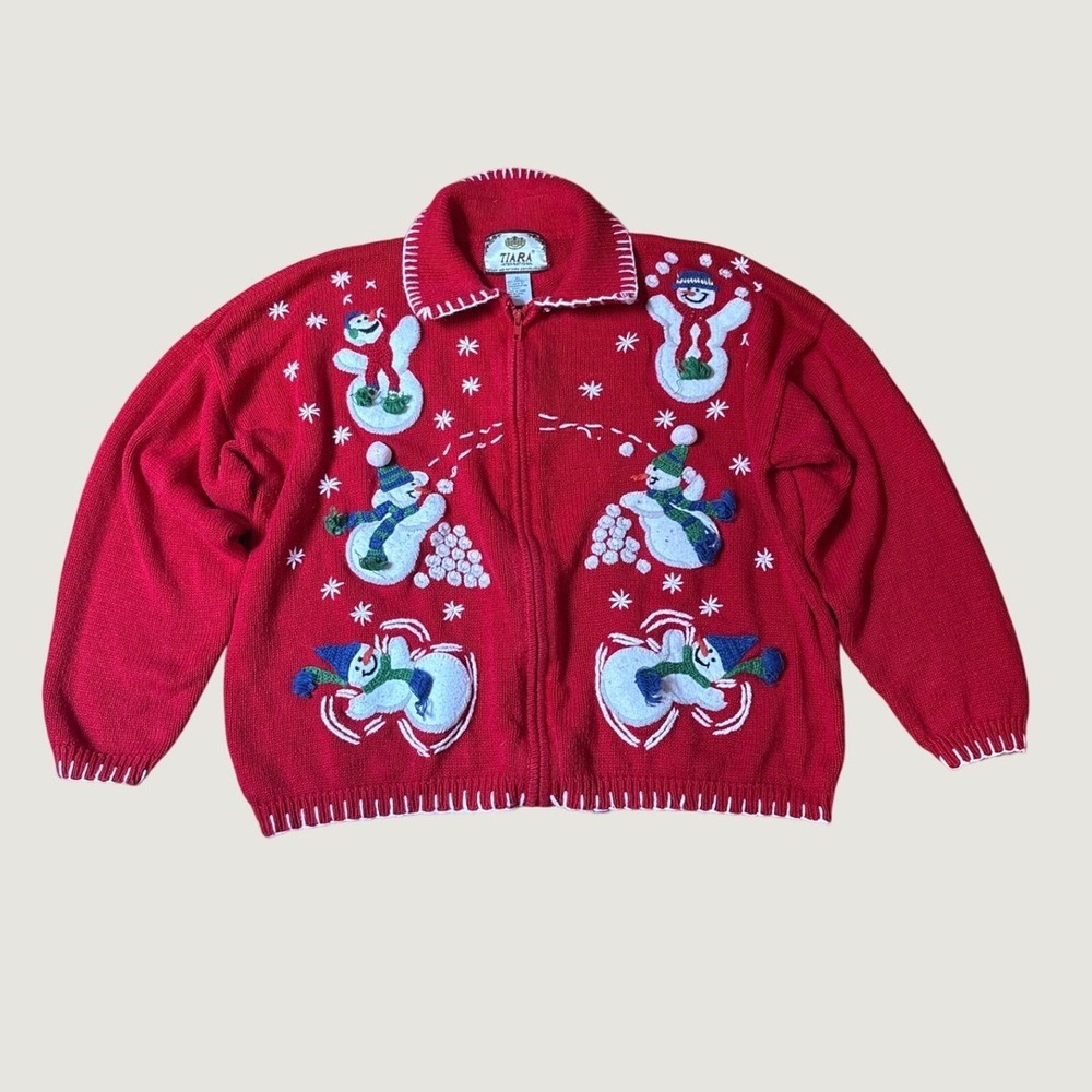 Tiara International Cardigan Women Red Snowman Vintage Holiday SIZE XL
